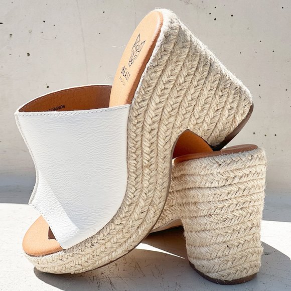 NEW White Faux Leather Espadrille Chunky Platform Wedge Slip On Slides Sandals - Picture 4 of 15